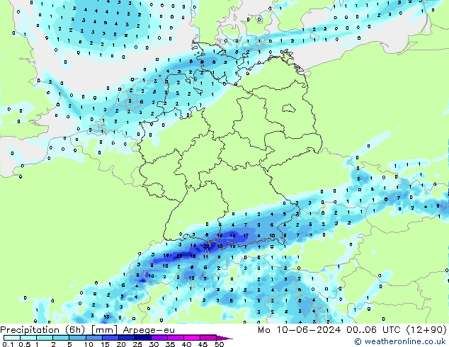 Totale neerslag (6h) Arpege-eu ma 10.06.2024 06 UTC