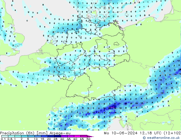 Précipitation (6h) Arpege-eu lun 10.06.2024 18 UTC