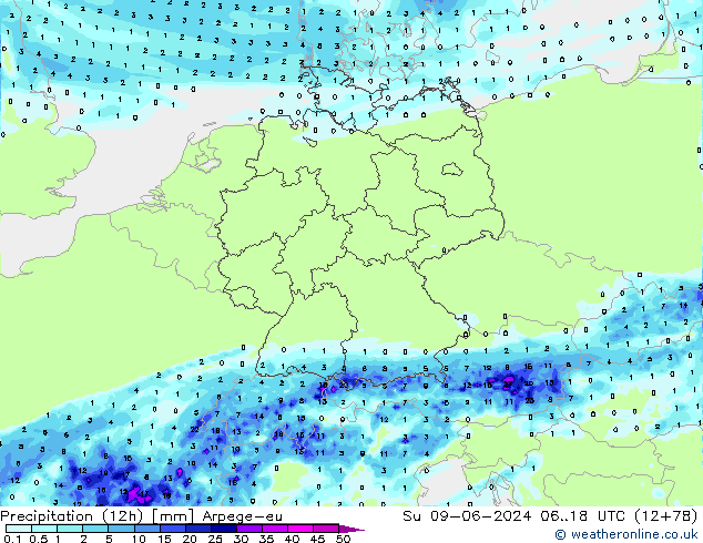 Precipitation (12h) Arpege-eu Su 09.06.2024 18 UTC