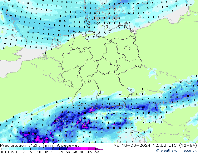 Precipitazione (12h) Arpege-eu lun 10.06.2024 00 UTC