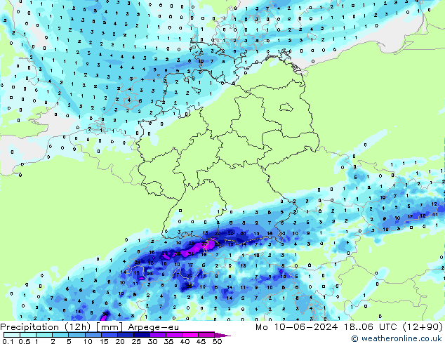 Precipitation (12h) Arpege-eu Mo 10.06.2024 06 UTC