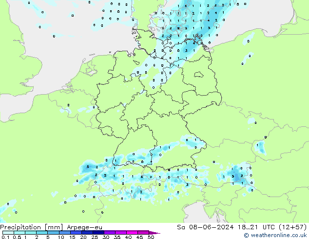 осадки Arpege-eu сб 08.06.2024 21 UTC