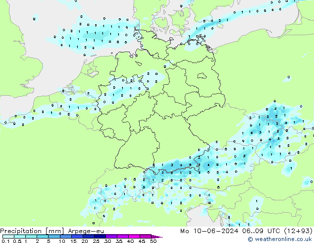 Niederschlag Arpege-eu Mo 10.06.2024 09 UTC