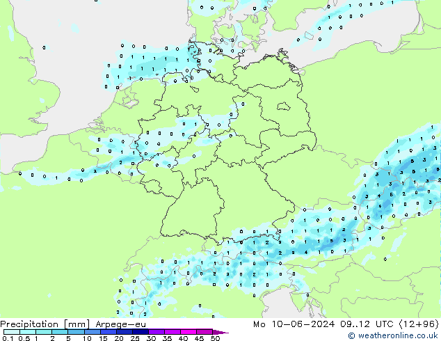 Niederschlag Arpege-eu Mo 10.06.2024 12 UTC