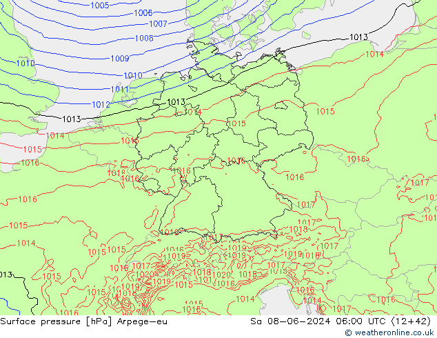 Pressione al suolo Arpege-eu sab 08.06.2024 06 UTC