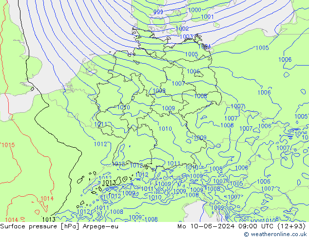 Surface pressure Arpege-eu Mo 10.06.2024 09 UTC