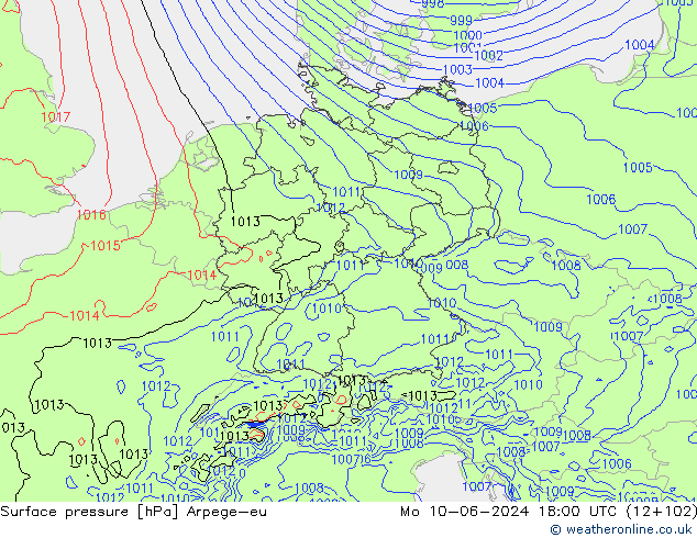 Surface pressure Arpege-eu Mo 10.06.2024 18 UTC