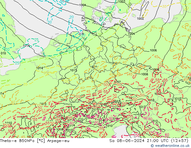 Theta-e 850hPa Arpege-eu za 08.06.2024 21 UTC