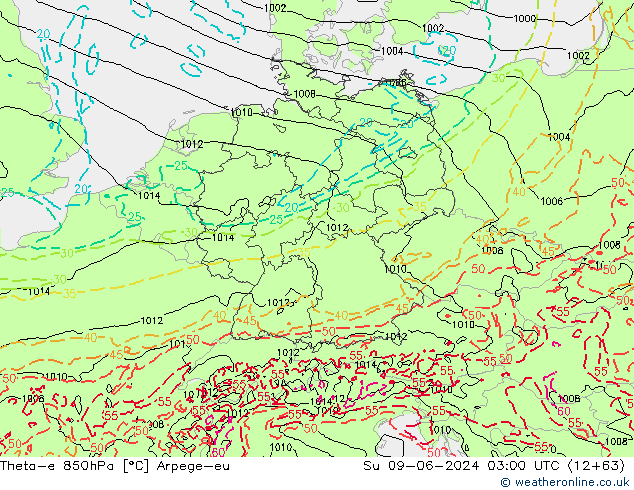 Theta-e 850hPa Arpege-eu dom 09.06.2024 03 UTC