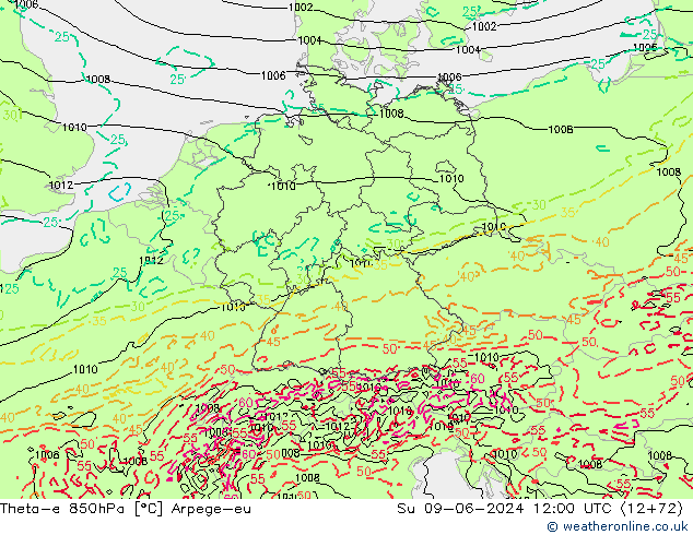 Theta-e 850hPa Arpege-eu zo 09.06.2024 12 UTC