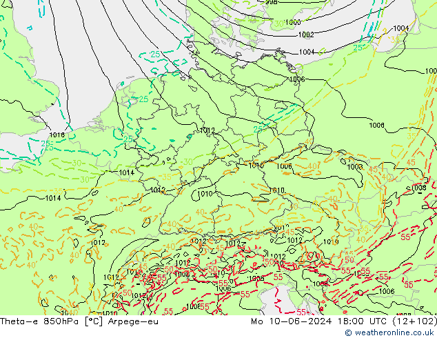 Theta-e 850hPa Arpege-eu Mo 10.06.2024 18 UTC