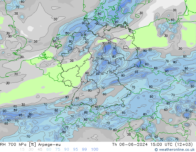 RH 700 hPa Arpege-eu Qui 06.06.2024 15 UTC