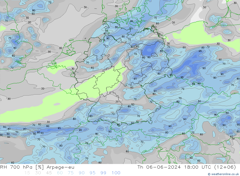 RH 700 hPa Arpege-eu 星期四 06.06.2024 18 UTC