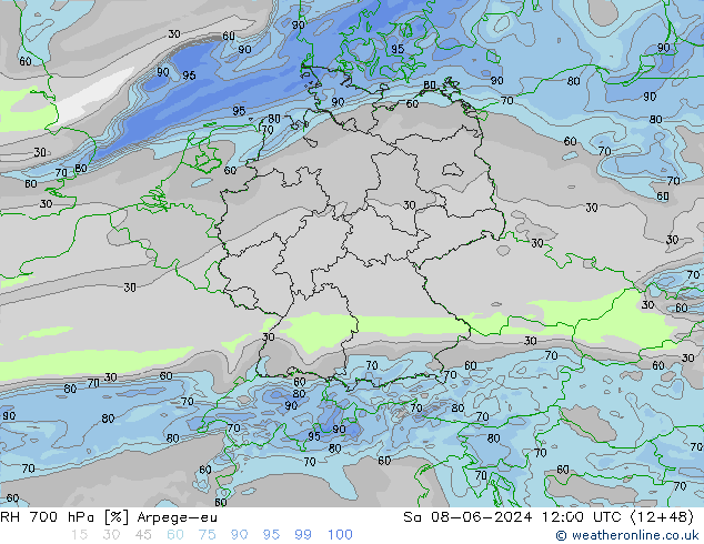 RH 700 hPa Arpege-eu Sáb 08.06.2024 12 UTC