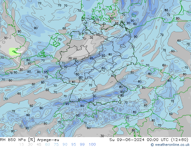 RH 850 hPa Arpege-eu Dom 09.06.2024 00 UTC