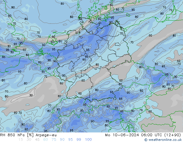 RH 850 hPa Arpege-eu Mo 10.06.2024 06 UTC