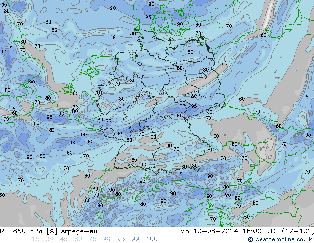 RH 850 гПа Arpege-eu пн 10.06.2024 18 UTC