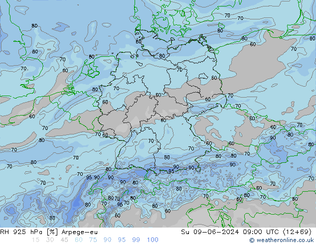 RH 925 hPa Arpege-eu dom 09.06.2024 09 UTC