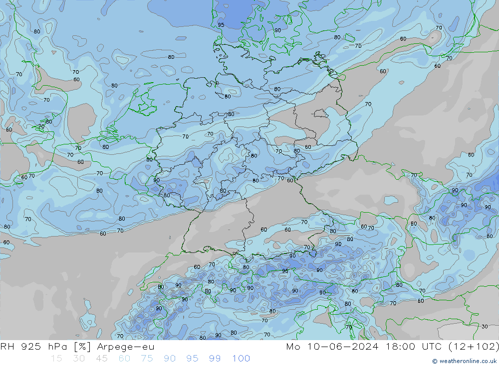 RH 925 hPa Arpege-eu Po 10.06.2024 18 UTC