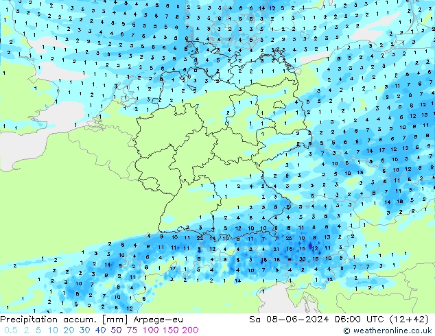 Precipitation accum. Arpege-eu сб 08.06.2024 06 UTC