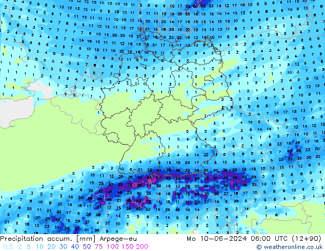 Precipitation accum. Arpege-eu Seg 10.06.2024 06 UTC