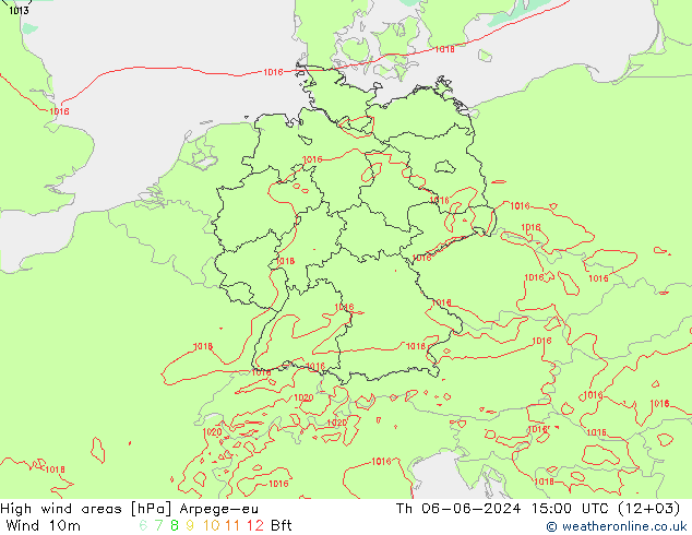 High wind areas Arpege-eu  06.06.2024 15 UTC