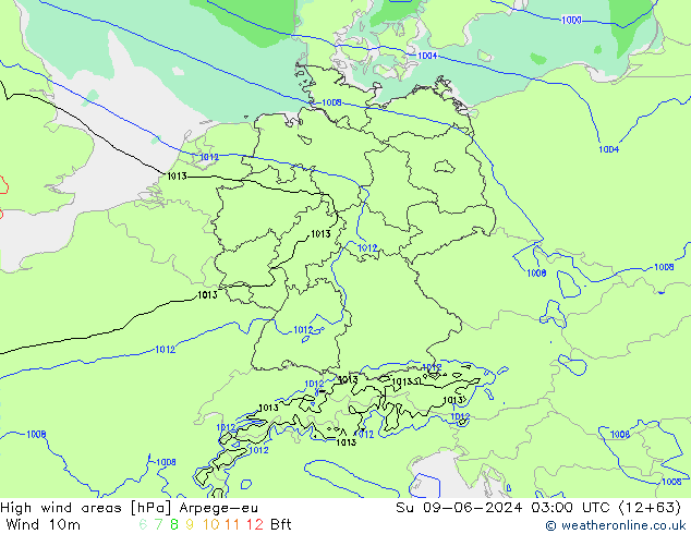 High wind areas Arpege-eu Ne 09.06.2024 03 UTC