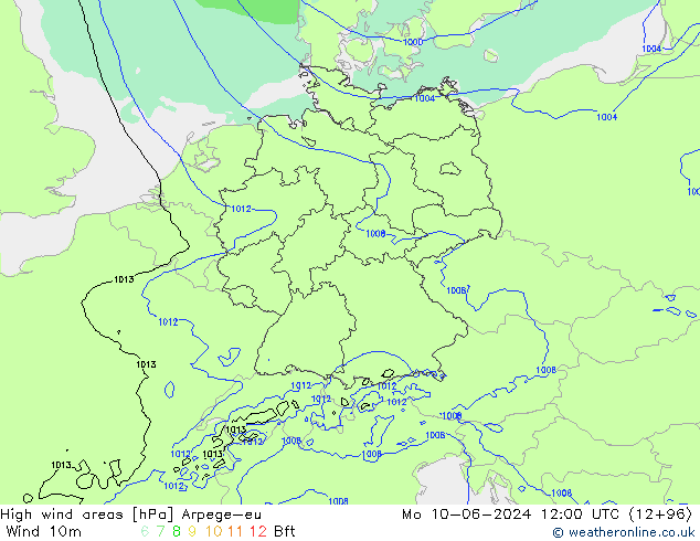 High wind areas Arpege-eu Mo 10.06.2024 12 UTC