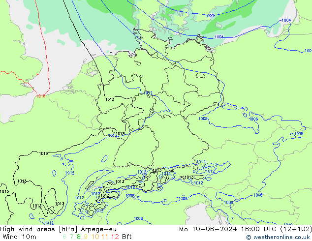 High wind areas Arpege-eu lun 10.06.2024 18 UTC