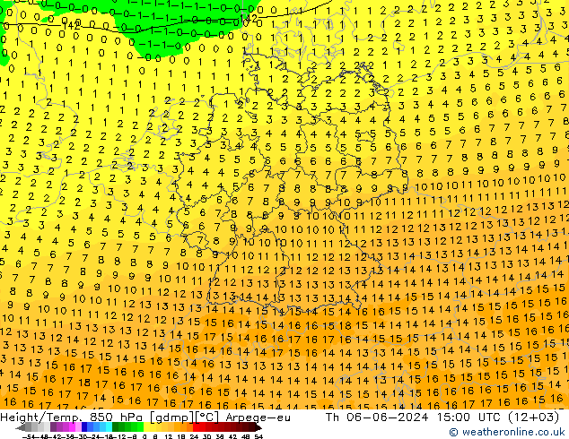 Height/Temp. 850 гПа Arpege-eu чт 06.06.2024 15 UTC