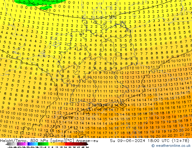 Hoogte/Temp. 850 hPa Arpege-eu zo 09.06.2024 18 UTC