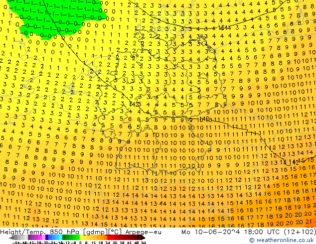 Height/Temp. 850 hPa Arpege-eu Mo 10.06.2024 18 UTC