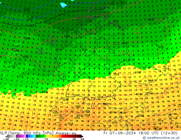 SLP/Temp. 850 hPa Arpege-eu vr 07.06.2024 18 UTC