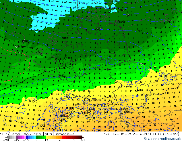 SLP/Temp. 850 hPa Arpege-eu dim 09.06.2024 09 UTC