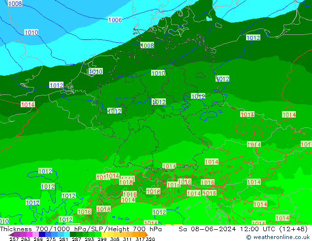 Thck 700-1000 hPa Arpege-eu Sa 08.06.2024 12 UTC