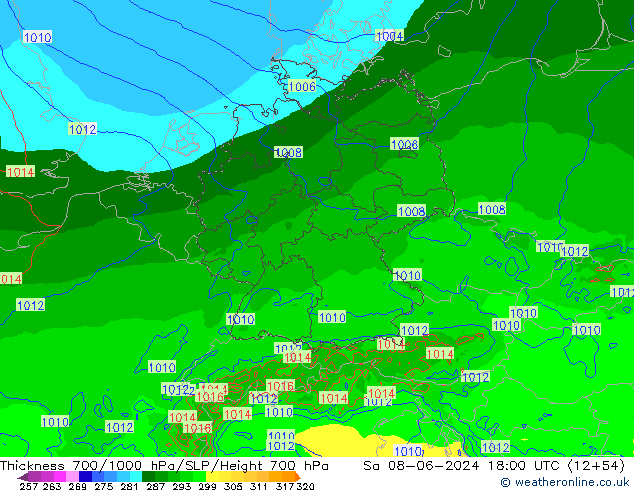 Dikte700-1000 hPa Arpege-eu za 08.06.2024 18 UTC