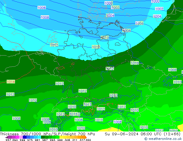 Thck 700-1000 hPa Arpege-eu Su 09.06.2024 06 UTC