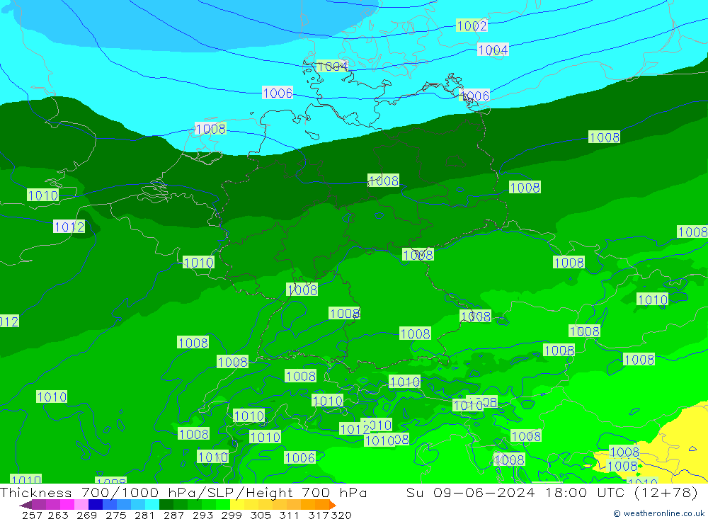 Schichtdicke 700-1000 hPa Arpege-eu So 09.06.2024 18 UTC