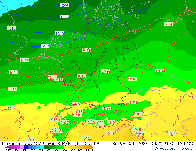 Thck 850-1000 гПа Arpege-eu сб 08.06.2024 06 UTC