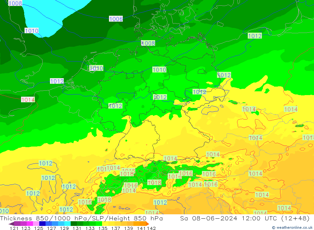 Thck 850-1000 hPa Arpege-eu so. 08.06.2024 12 UTC