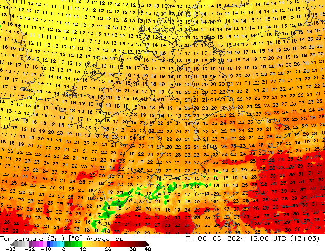 Temperatuurkaart (2m) Arpege-eu do 06.06.2024 15 UTC