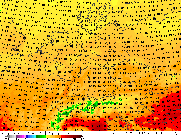 Temperatuurkaart (2m) Arpege-eu vr 07.06.2024 18 UTC