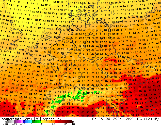 Temperatuurkaart (2m) Arpege-eu za 08.06.2024 12 UTC