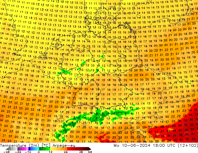 Temperature (2m) Arpege-eu Mo 10.06.2024 18 UTC