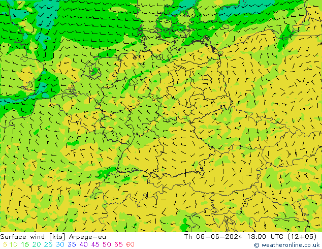 Viento 10 m Arpege-eu jue 06.06.2024 18 UTC