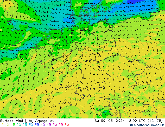 Wind 10 m Arpege-eu zo 09.06.2024 18 UTC