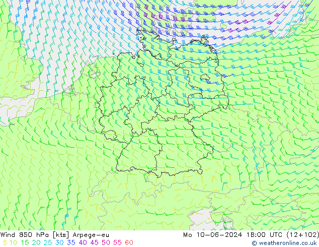 Wind 850 hPa Arpege-eu Mo 10.06.2024 18 UTC