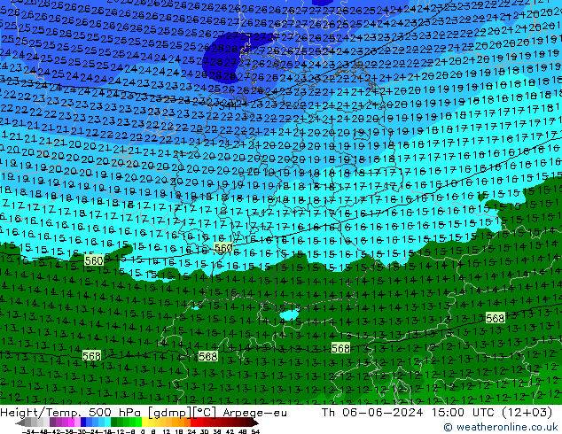 Height/Temp. 500 гПа Arpege-eu чт 06.06.2024 15 UTC