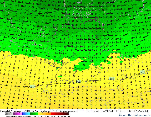 Height/Temp. 700 hPa Arpege-eu Fr 07.06.2024 12 UTC