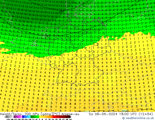 Height/Temp. 700 hPa Arpege-eu Sáb 08.06.2024 18 UTC